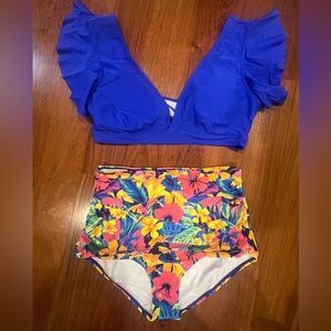 COCOSHIP Vibrant Blue and Floral Swimwear NWOT